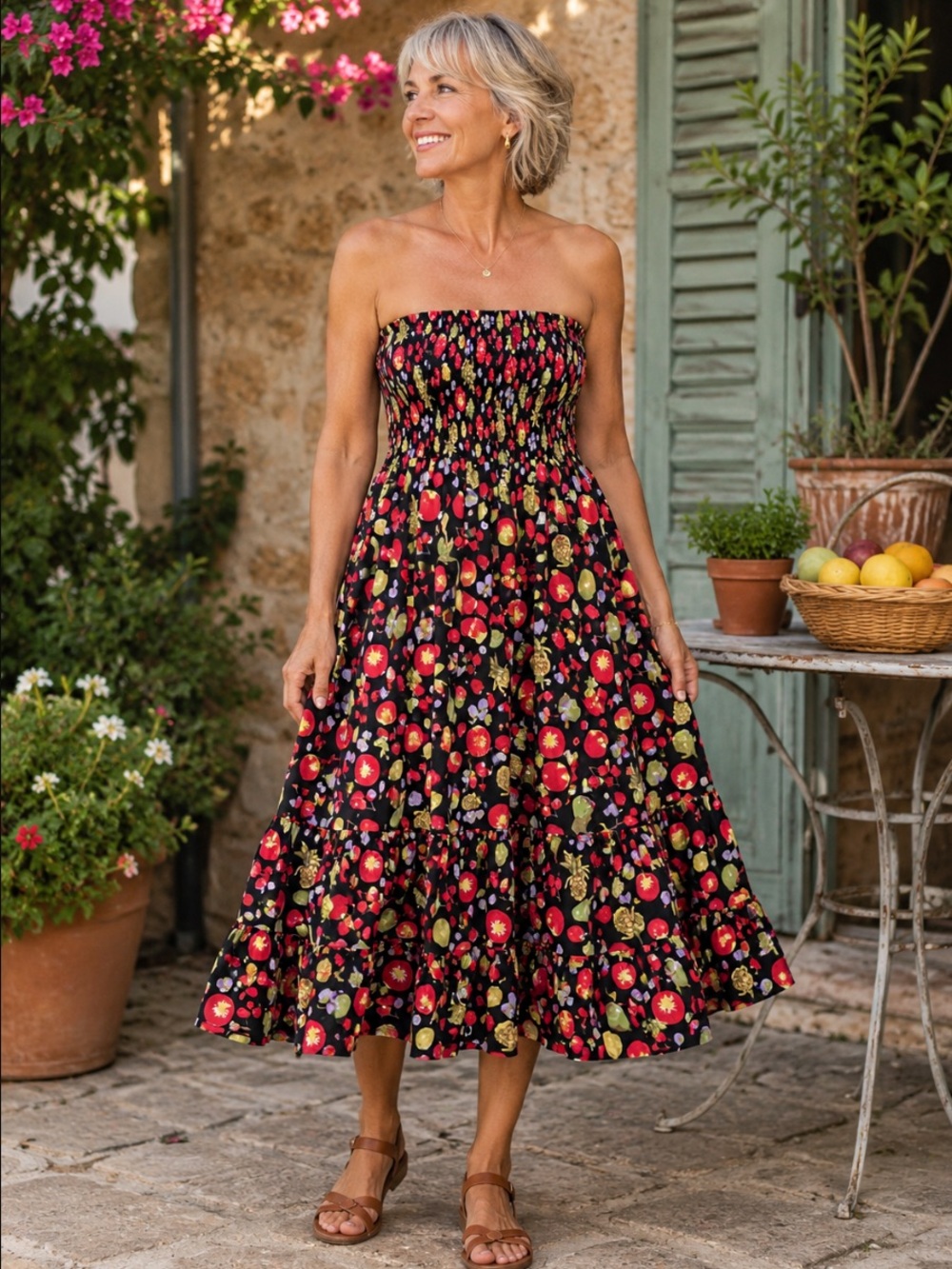 Dress Addict Fruit Print Midi Dress Smocked Waist Large 100% Cotton Novelty